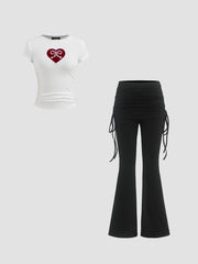 Jersey High-Waist Knot Ruched Flare Pant & Heart Lace Tee