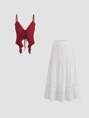 Lace Ruffle Hem Knit Crop Top & Cotton Embroidery Maxi Skirt