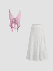 Lace Ruffle Hem Knit Crop Top & Cotton Embroidery Maxi Skirt