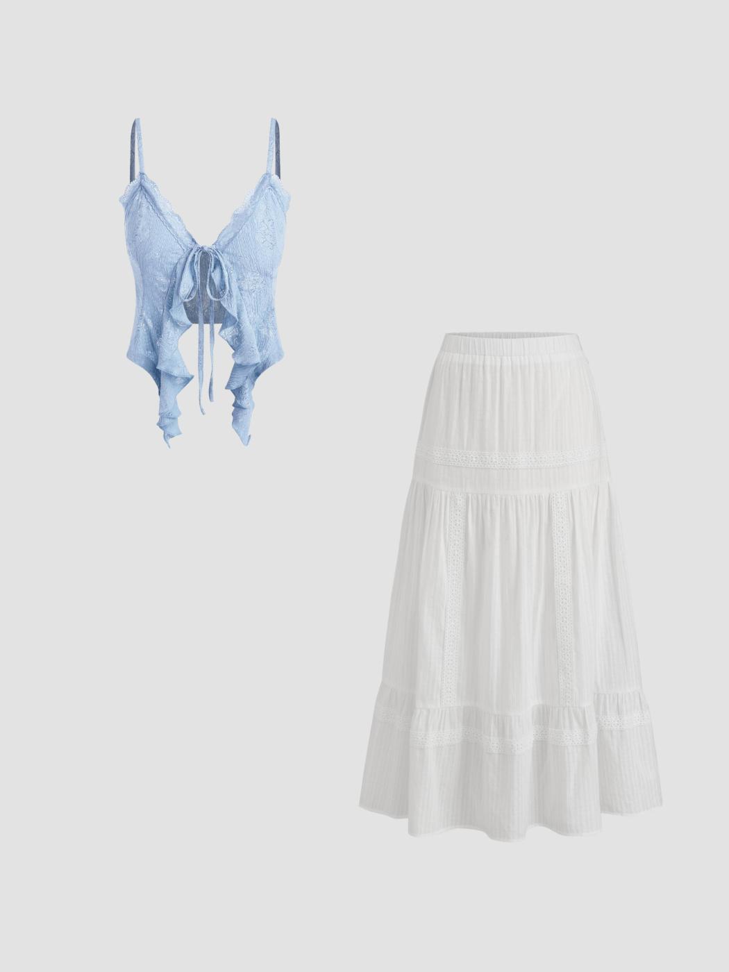 Lace Ruffle Hem Knit Crop Top & Cotton Embroidery Maxi Skirt