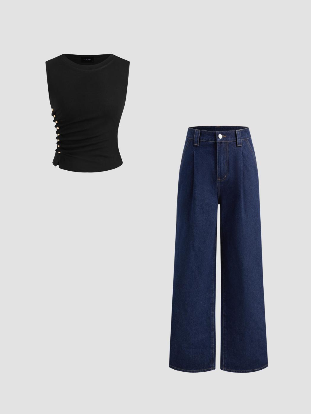 Ruched Tank Top & High Waist Straight Leg Jeans