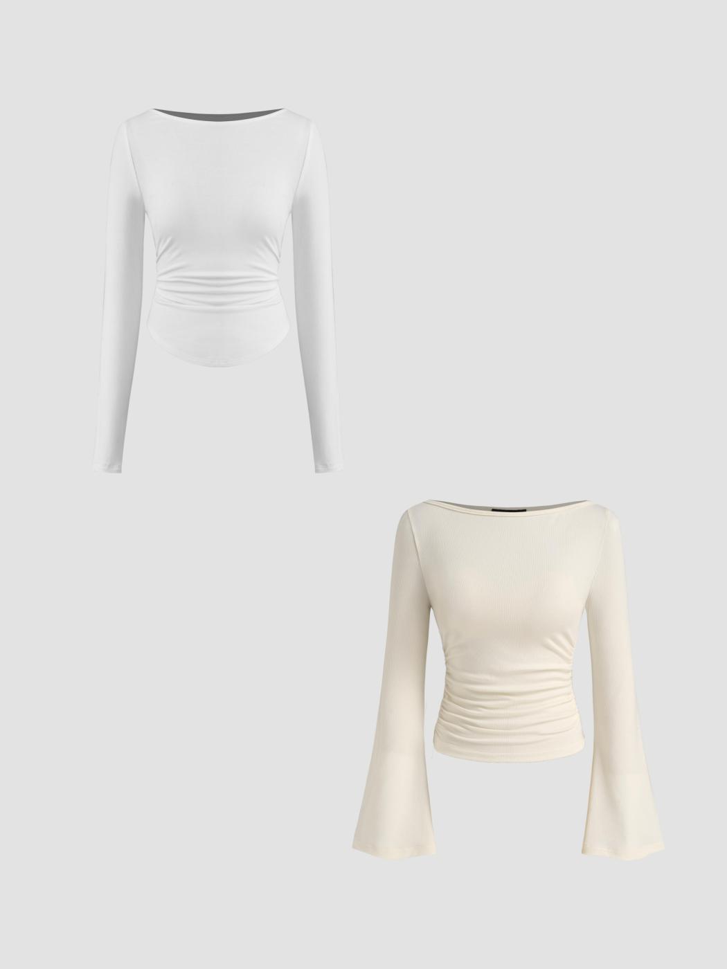 Boat Neck Solid Ruched Long Sleeve Tee & Boat Neck Solid Ruched Long Sleeve Tee