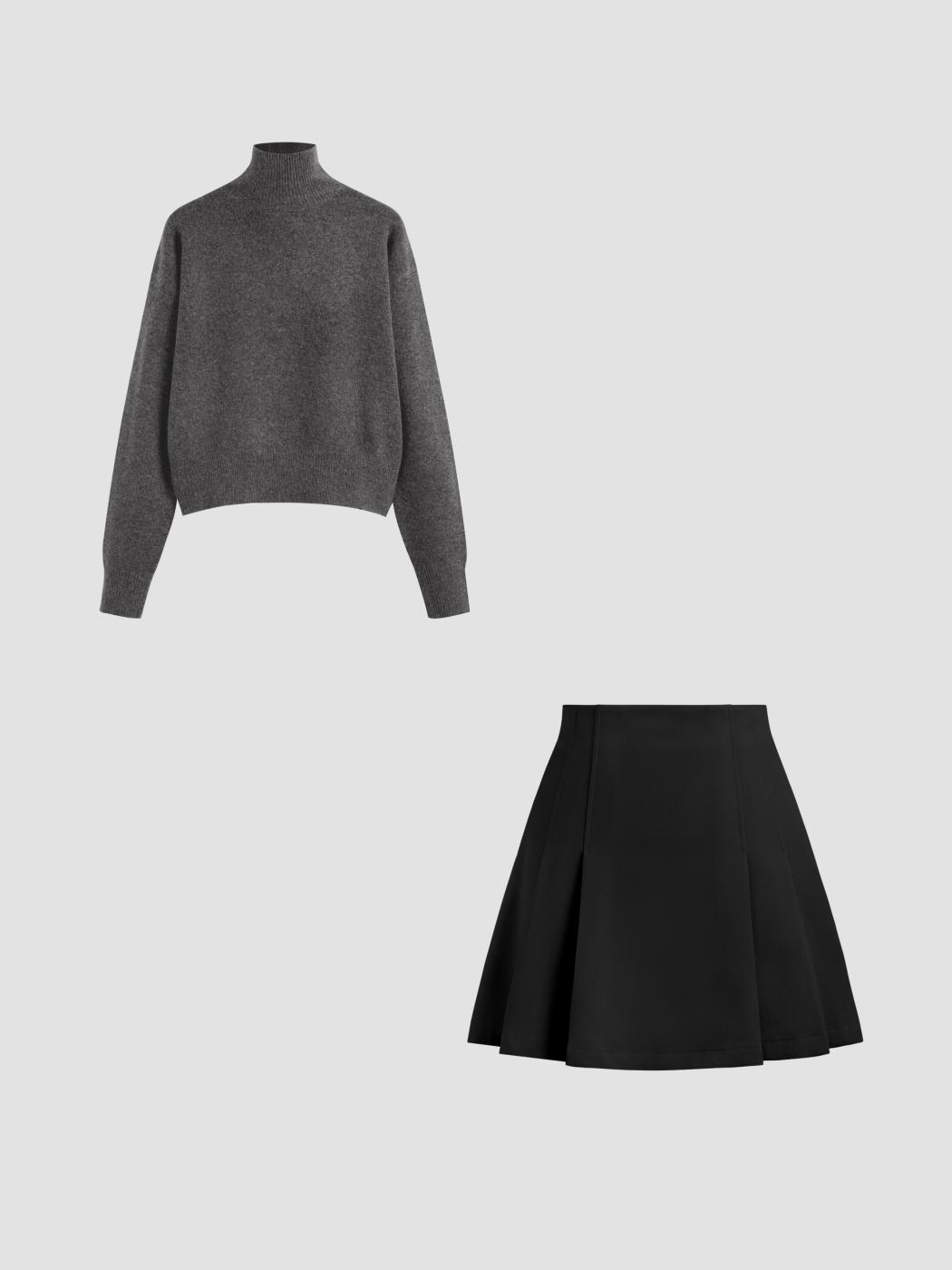 Knit High Neck Solid Long Sleeve Top&Solid Mid Waist Pleated Mini Skirt Set