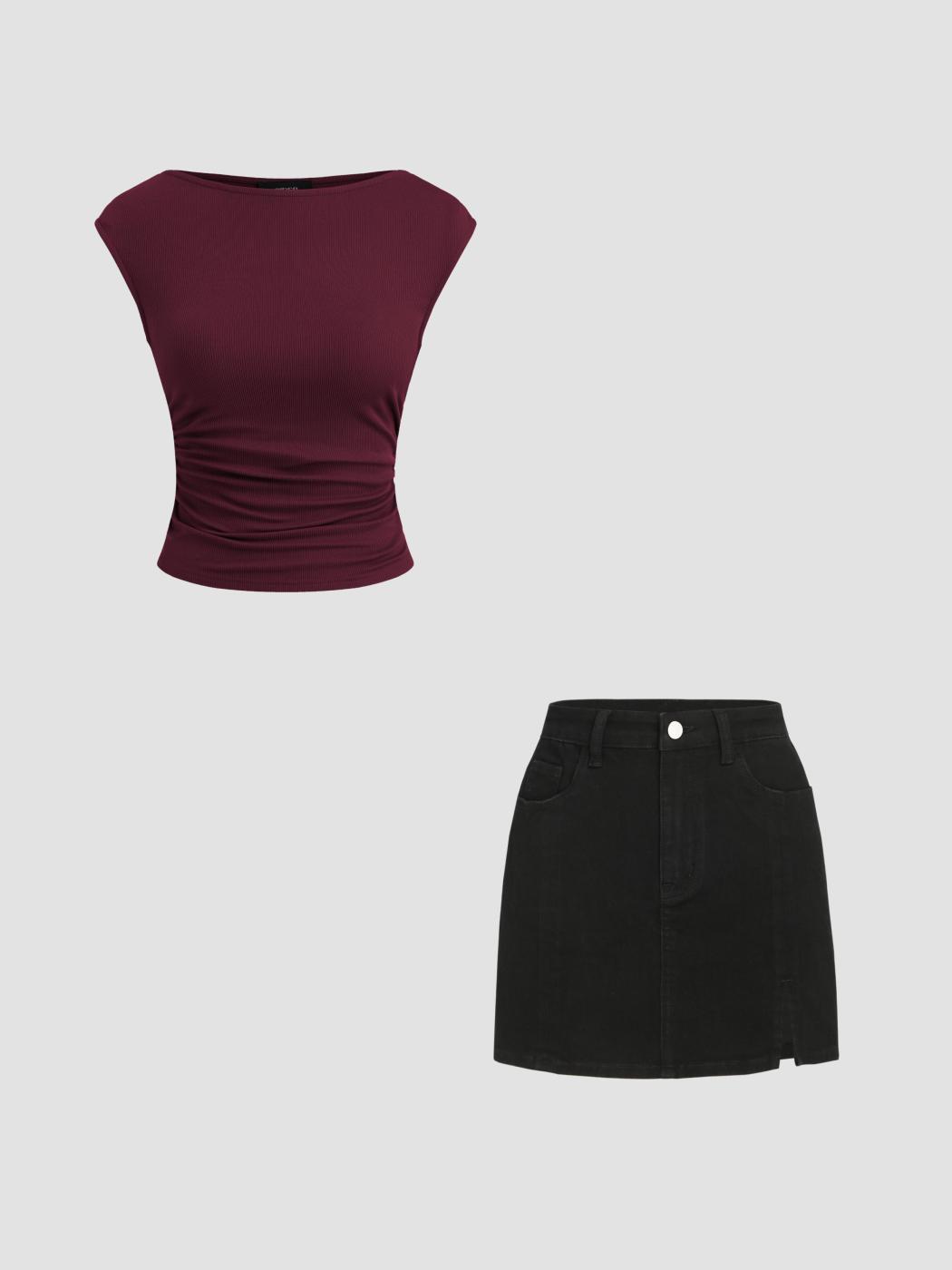 Boat Neck Solid Ruched Tank Top&Denim Solid High Waist Split Mini Skirt Set