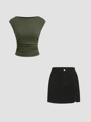 Boat Neck Solid Ruched Tank Top&Denim Solid High Waist Split Mini Skirt Set