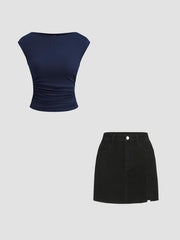 Boat Neck Solid Ruched Tank Top&Denim Solid High Waist Split Mini Skirt Set