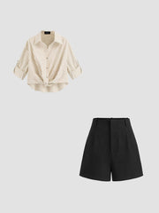 Striped Knotted Long Sleeve Shirt & 100% Cotton High Rise Solid Shorts