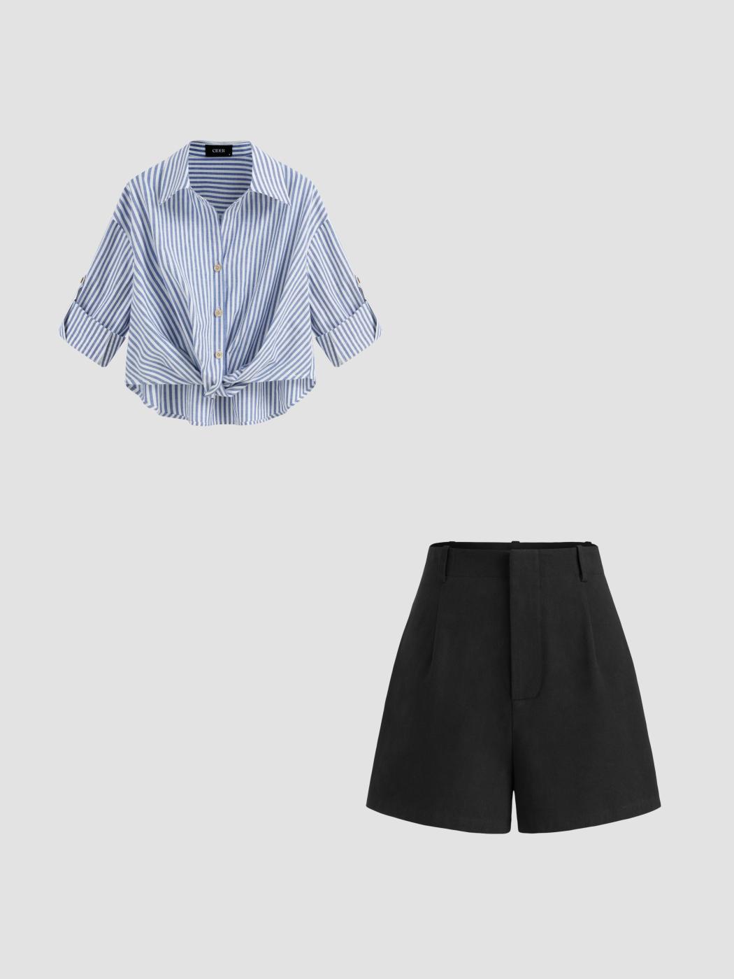 Striped Knotted Long Sleeve Shirt & 100% Cotton High Rise Solid Shorts
