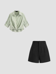 Striped Knotted Long Sleeve Shirt & 100% Cotton High Rise Solid Shorts